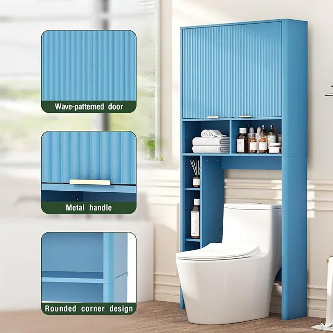 31" W Over The Toilet Storage Cabinet with Fluted Door, Blue Bathroom Organizer with Adjustable Shelf, Toilet Paper Holder Stand Wave Door for Restroom, Laundry Room - ModernBath