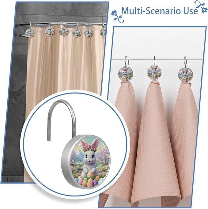 Bunny Rabbit and Easter Eggs Shower Curtain Hooks 12Pcs, Decorative Rust Resistant Shower Rings for Shower Curtain Rods, Stainless Steel Round Curtain Hooks for Bathroom, Bedroom, Farmhouse - ModernBath