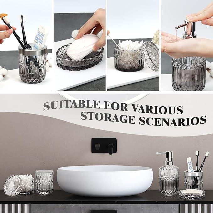 Ulable Bathroom Accessories Set, 5Pcs Bathroom Soap Dispenser Set, Glass Bathroom Accessories with Glass Soap Dispenser, Soap Dish, Toothbrush Holder, Tumbler, Cotton Swab Jar (Gradient Clear & Black) - ModernBath