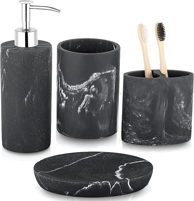 ZCCZ Bathroom Accessories Set, 4-Piece Marble Pattern with Soap Dispenser, Toothbrush Holder, Tumbler, and Soap Dish for Modern Bath Décor, Elegant and Durable Design for Home or Office Bathrooms - ModernBath