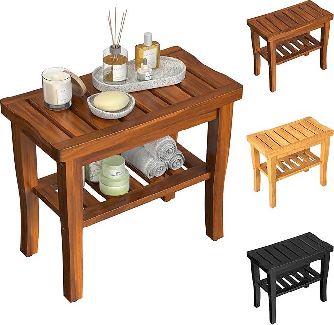Teak Wood Shower Bench Stool with Storage Shelf, Wooden Waterproof Bathroom Spa Bathing Teak Shower Stool with Non-Slip Feet Gadget 2024 for Indoor or Outdoor Shower Chair Seat Organizer - ModernBath