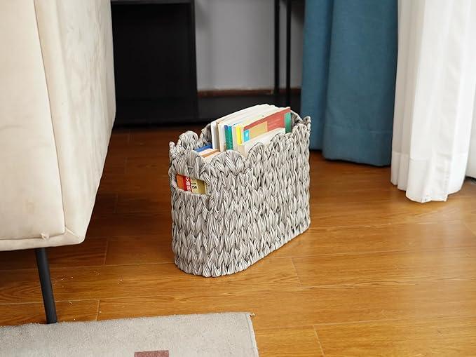 Grey Toilet Paper Storage Basket,Scalloped Baskets for Bathroom Organizers and Storage,Waterproof Plastic Wicker Basket for Bathroom,Laundry Room - ModernBath