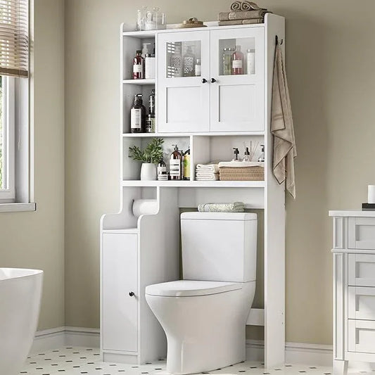 Itaar Over The Toilet Storage Cabinet, Over Toilet Bathroom Organizer with Glass Doors & Toilet Paper Holder Stand, Home Space-Saving Toilet Rack, for Bathroom, Restroom, Laundry(White) - ModernBath