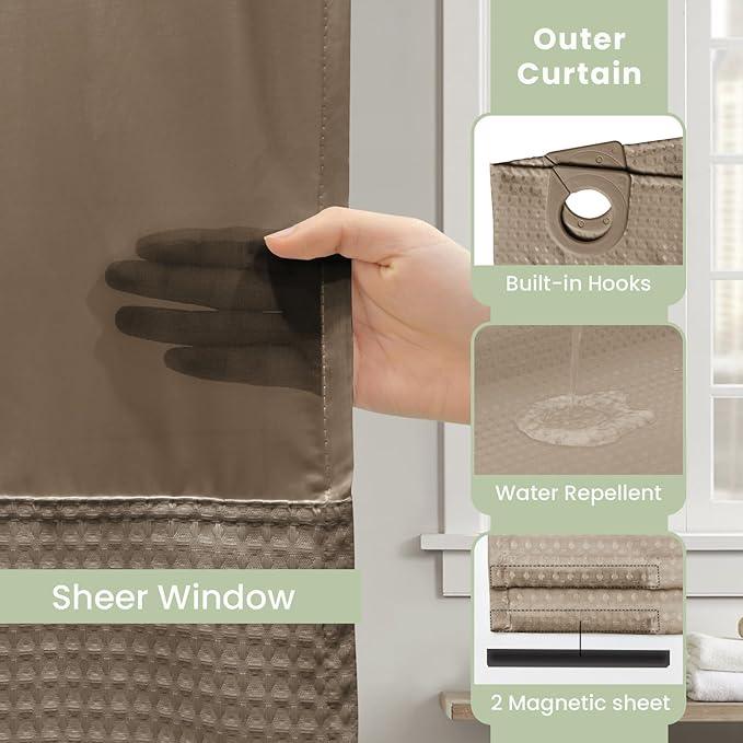 Inhousolu No Hook Shower Curtain with Snap in Fabric Liner Set Waffle Weave 230GSM Weighted Hem, Waterproof & Washable Bathroom Curtain Spa Luxury with Mesh Top Window 72" W x 72" L Beige - ModernBath