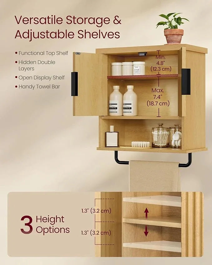 VASAGLE MAXE Collection - Bathroom Cabinet Wall Mounted, Over Toilet Hanging Cabinet with Adjustable Shelf, Towel Bar, Fluted Doors, 7.9 x 17.7 x 24 Inches, Transitional, Oak Beige UBBK137Y01S - ModernBath