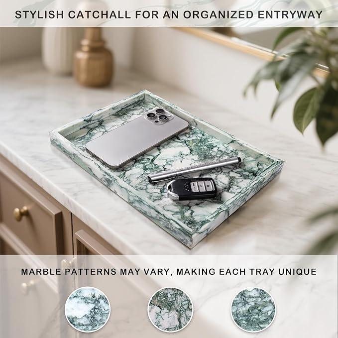 Homaura Marble Bathroom Tray for Countertop & Home Decor, Natural Decorative Marble Tray for Jewelry & Perfume Organizer, Luxury Stone Vanity Trays for Dresser, Kitchen Counter, 12" x 8", Jade Green - ModernBath