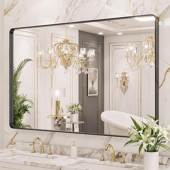 LOAAO 55X36 Inch Black Metal Framed Bathroom Mirror for Wall, Matte Black Bathroom Vanity Mirror Farmhouse, Large Rounded Rectangle Mirror, Anti-Rust, Tempered Glass, Hangs Horizontally or Vertically - ModernBath