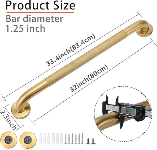 Rackickyer Shower Grab Bar, 2 Pack 32 Inch Gold Bathroom Grab Bar, 1.25" Diameter 304 Stainless Steel Anti-Slip Grab Bars for Bathtubs and Showers, Handicap Shower Grab Bar for Seniors Elderly