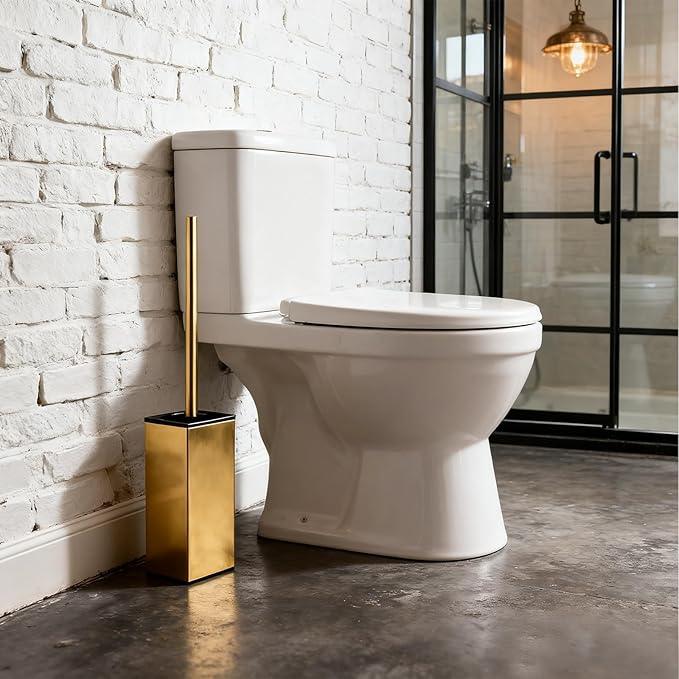 Toilet Brush and Holder Set, NEWRAIN Stainless Steel Toilet Brush with Long Brush Handle, Brushed Gold Toilet Scrubber and Covered Holder, Square Design Sturdy and Space Saving, Covered Brush - ModernBath