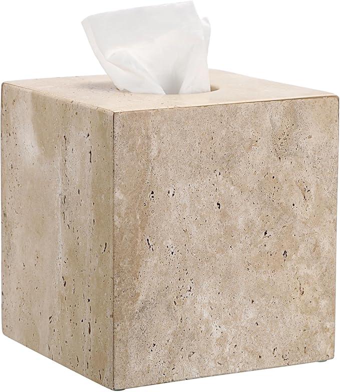 Sumnacon Square Tissue Box Cover Natural Travertine Tissue Cover with Pads, Heavy Duty Stone Tissue Box Holder,Gorgeous Tissue Holder for Toilet Bathroom Kitchen Bedroom Living Room Table,Light Beige - ModernBath