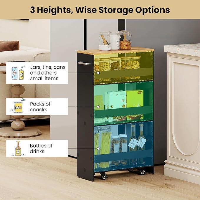 Small Kitchen Cart, 4-Tier Slim Rolling Island w/Handle, Laundry Room Storage Organizers Between Washer and Dryer, Narrow Spice Rack on Wheels Next to Fridge (Black, 8'') - ModernBath