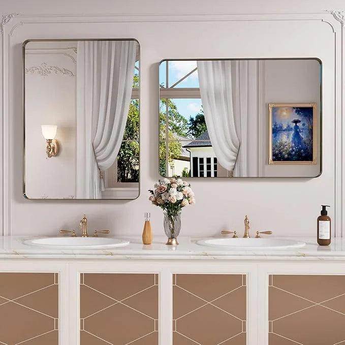 JISOSO Bronze Bathroom Mirror 22x30 Inch, Brushed Bronze Metal Frame Mirror for Wall, Rounded Rectangle Bathroom Vanity Mirror with Tempered Glass, Anti-Rust, Horizontal/Vertical - ModernBath