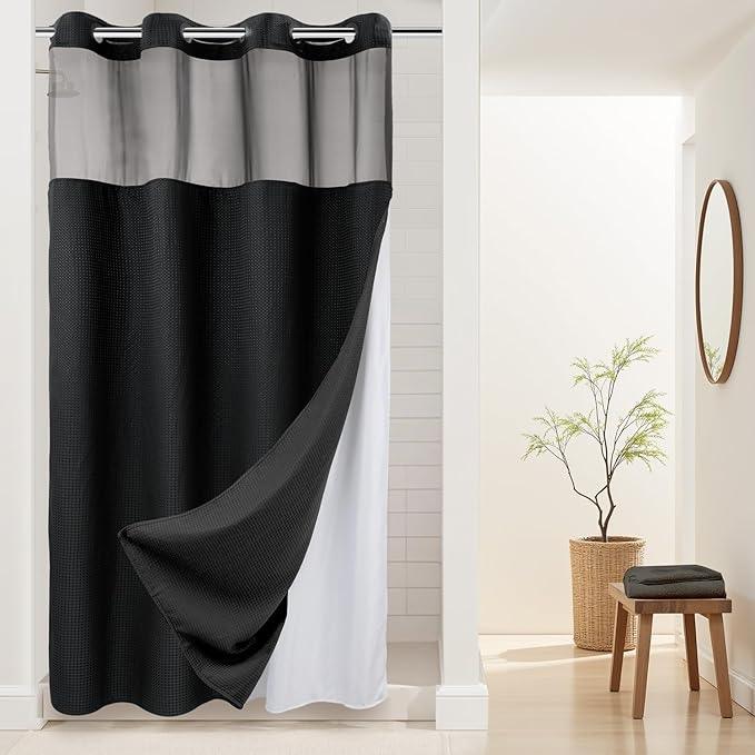 River Dream Heavyweight No Hooks Required Dotted Waffle Weave Shower Curtain with Snap in Liner -Stall 54W x 80H,Hotel Grade,Spa Like Bath Curtain,Black - ModernBath