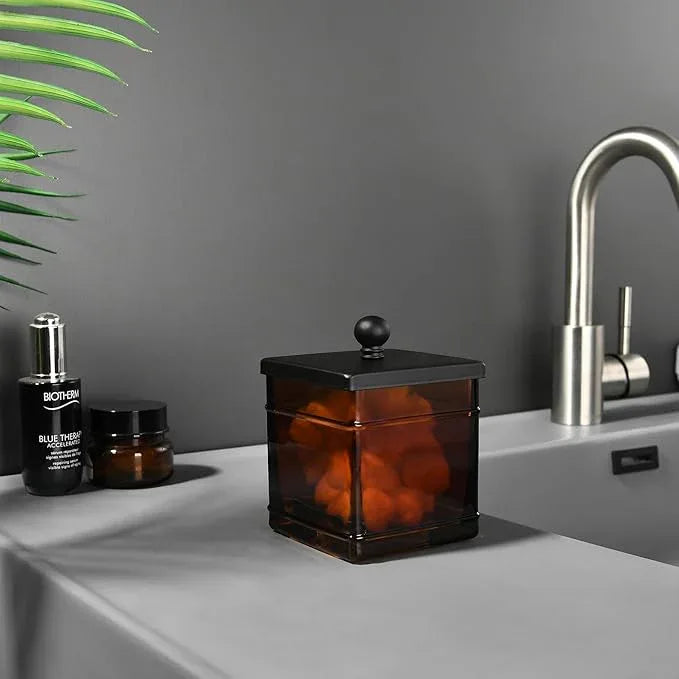Indecor Home Amber Glass Cotton Jar Holder – Black Lid Elegant Bathroom Storage Canister for Qtips, Cotton Balls, Floss, Makeup Organizer, Vanity & Bathroom Organization - ModernBath
