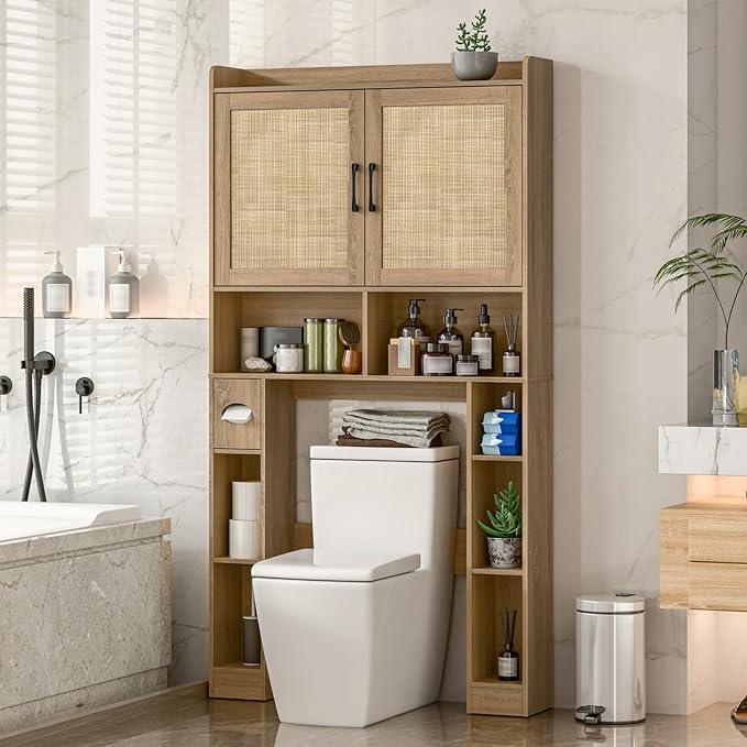 Over The Toilet Storage Cabinet, Farmhouse Toilet Cabinet Rack with Barn Doors, Space Saving Bathroom Organizer with Shelves,Toilet Paper Holder and Towel Rack for Bathroom,Restroom,Laundry,Rattan Oak - ModernBath