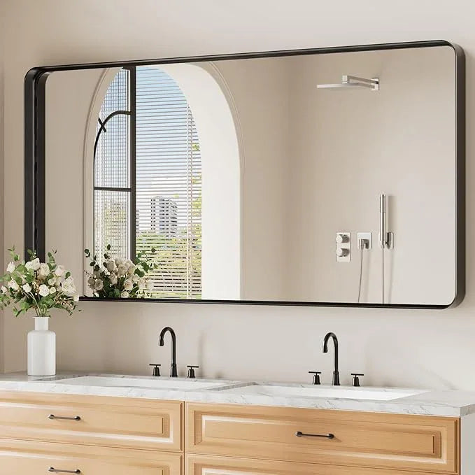 Koonmi Black Bathroom Mirror for Wall, 30x60 Inch Matte Metal Deep Framed Rounded Corner Wall Mirror, Shatterproof Tempered Glass for Farmhouse Bedroom Entryway, Vertically or Horizontally - ModernBath