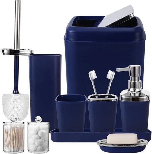 XLHOMO Navy Blue Bathroom Accessories Set, 9-Piece Plastic Gift Set with Trash Can, Toothbrush Holder, Toothbrush Cup, Soap Dispenser, Soap Dish, Toilet Brush Holder,2 Qtip Holder Dispensers and Tray - ModernBath