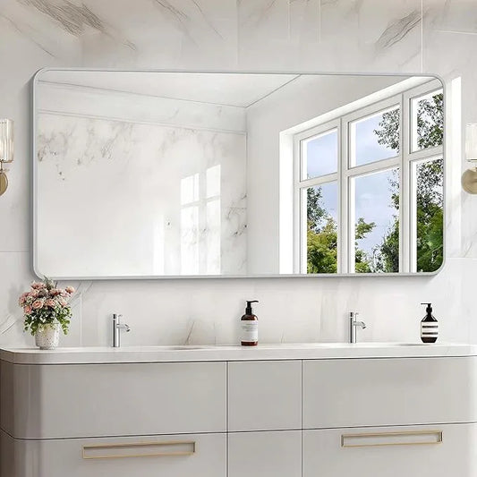 CIVENO 30x60 Inch Silver Bathroom Mirror, Large Rectangular Vanity Mirror, Metal Framed Rectangle Mirror, Rounded Corner Wall Mounted Mirrors for Living Room Bedroom Entryway Horizontal or Vertical - ModernBath