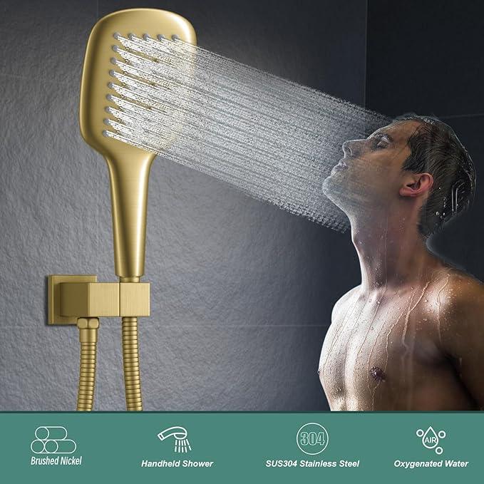 HONGTONGSOWER Brushed Gold Shower Head Sprayer with 59 Inch Hose And Bracket Wall Mount Handheld Showerheads SUS304 Stainless Steel Handheld Shower Wand Single Function Shower Set - ModernBath