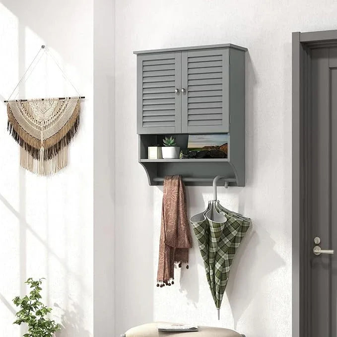 Tangkula Wall Mounted Bathroom Cabinet with Open Shelf & Bar, Medicine Cabinet with Double Louvered Doors, Wall Storage Cabinet with Adjustable Shelf, for Bathroom Living Room Kitchen (Grey) - ModernBath