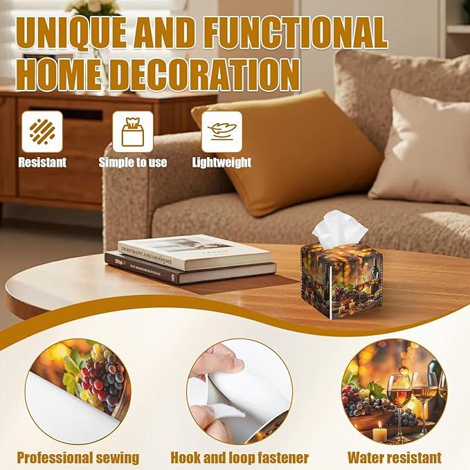 Vintage Wine Glass Tissue Box Cover 2PCS, Leather Tissue Box Holder Square Facial Paper Case Tissue Box Cube Organizer for Bathroom Bedroom Desk Office - ModernBath