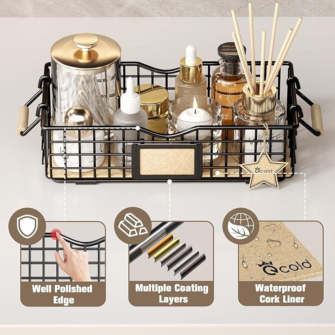 Bathroom Tray and Organizer Basket, 4 Pack Storage Baskets with Wooden Handles, Multipurpose for Bathroom, Coffee Bar, Kitchen cabinet, Living Room - Black - ModernBath