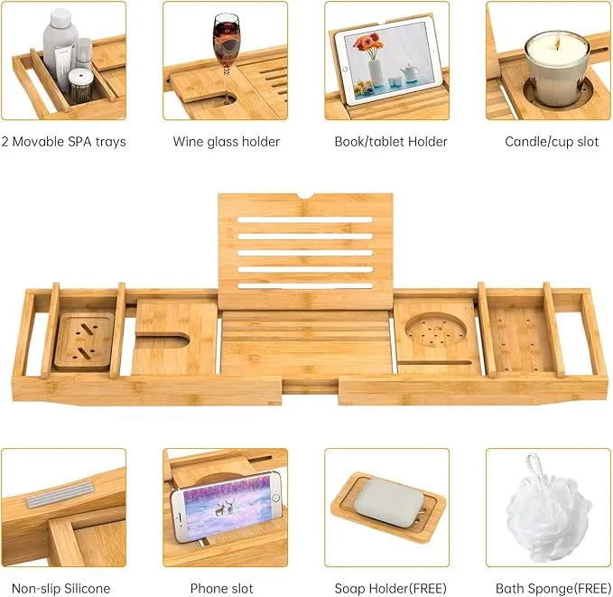 Bamboo Bathtub Tray for Luxury Bathroom, Expandable Premium Bath Tray w/Soap Towel Book Holder, Adjustable Bath Accessories for Tub,Extendable Tub Tray w/Wine Glass Cup Organizer 29.5"-43.3" Nature - ModernBath