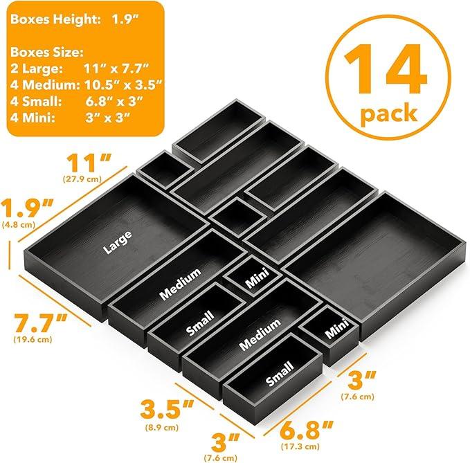 SpaceAid 14-Piece Bamboo Drawer Organizer Storage Boxes Set, Wood Tray Junk Drawer Organizers Multi-Use Divider Bins for Kitchen, Bathroom, Office Desk and Makeup Organization (14 Pack, Black) - ModernBath