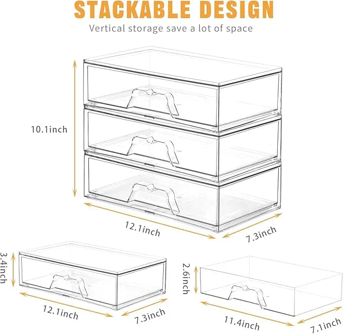 3 Pack Stackable Makeup Organizer, 12.1''L Acrylic Bathroom Organizer and Storage Undersink Drawer, Cosmetics and Beauty Supplies,Clear Plastic Storage Bins for Vanity,Pantry,Desk,Cabinet,Kitchen - ModernBath
