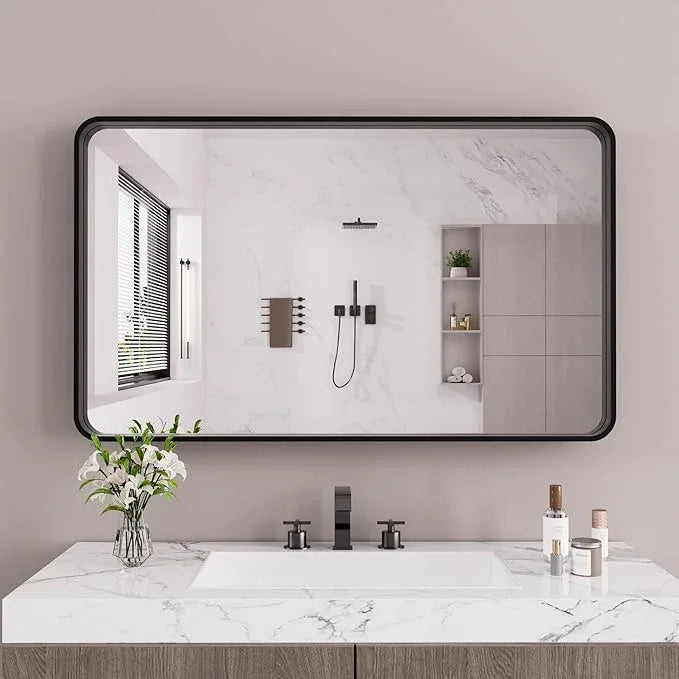 JISOSO Black Bathroom Mirror 60X36 Inch, Black Metal Framed Mirror for Wall, Rounded Rectangle Matte Bathroom Vanity Mirror with Tempered Glass, Anti-Rust, Horizontal/Vertical - ModernBath