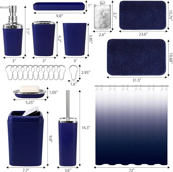 XLHOMO 24PC Navy Blue Bathroom Set with Shower Curtain and Rugs, Blue Bathroom Sets Complete with Trash Can,Soap Dispenser,Soap Dish,Toilet Brush,Toothbrush Holder and Cup,Tray,Q-Tip Holders - ModernBath