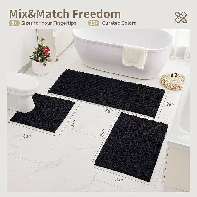 Ruggnovea Toilet Rugs U-Shaped Mat 24x24, Contour Bathroom Mat - Ultra Soft & Absorbent Chenille, Quick-Dry, Machine Washable with Non Slip Barrier Backing, Black - ModernBath