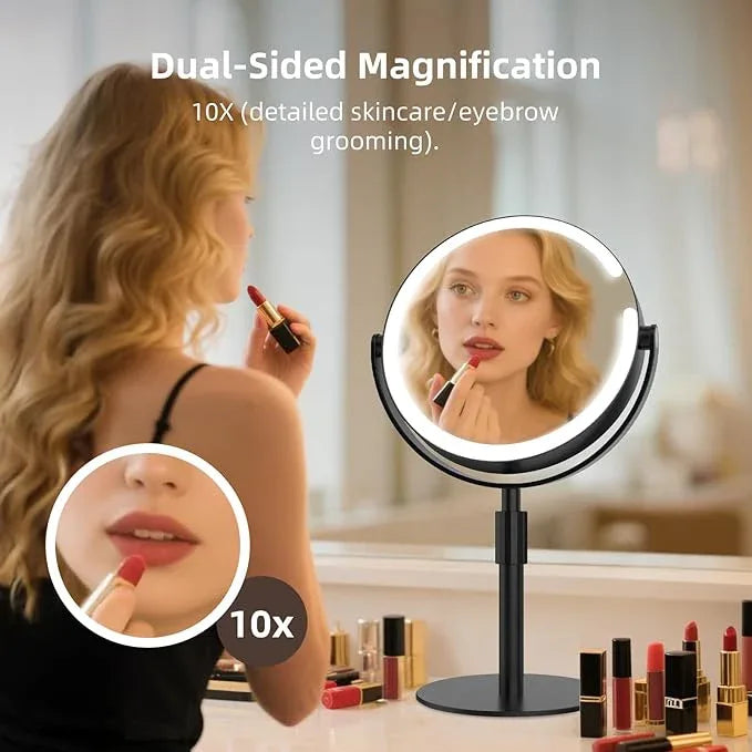 FRANO Makeup Mirror with Lights, 8" Double Sided 1x/10x Magnifying Vanity Mirror with 3 Color Lights, Rechargeable, 360° Rotation and Adjustable Height, Gift for Women Her - ModernBath