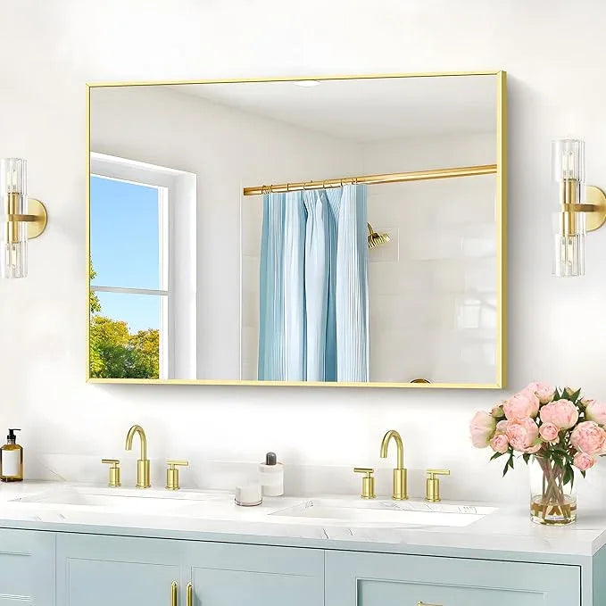 COFENY 30x40In Gold Bathroom Mirror for Wall, Brushed Gold Rectangle Mirrors with Metal Frame, Bathroom Rectangular Mirror Modern Wall Mirror for Bedroom Living Room, Hangs Horizontal or Vertical - ModernBath