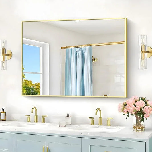 COFENY 30x40In Gold Bathroom Mirror for Wall, Brushed Gold Rectangle Mirrors with Metal Frame, Bathroom Rectangular Mirror Modern Wall Mirror for Bedroom Living Room, Hangs Horizontal or Vertical - ModernBath