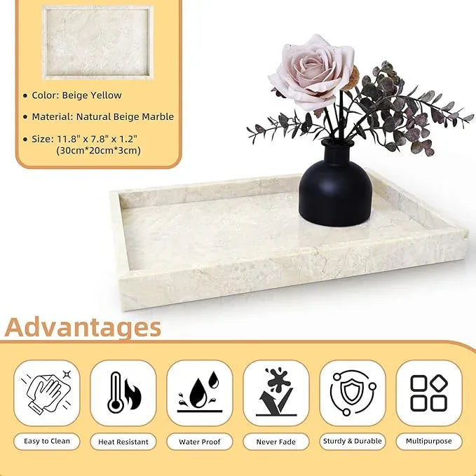 Yew & Tulip Natural Marble Vanity Tray, Luxury Stone with Beige Textures Serving Tray for Bathroom, Kitchen, Vanity, Home Decor, Wedding etc. (12" x 8" x 1.2") - ModernBath