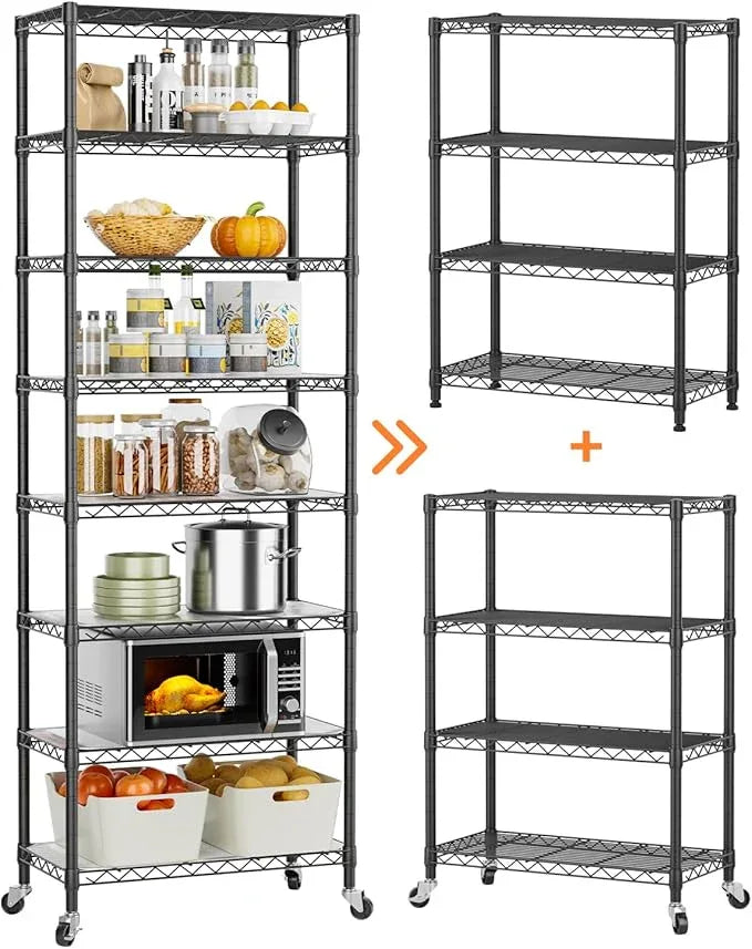 8 Tier Shelves Storage Shelf Wire Closet Bathroom Organizers Metal Pantry Kitchen Garage Shelving Unit Laundry Room Organization Home Rack Net Basket Black with Wheels 12”D X 22”W X 74.2”H - ModernBath