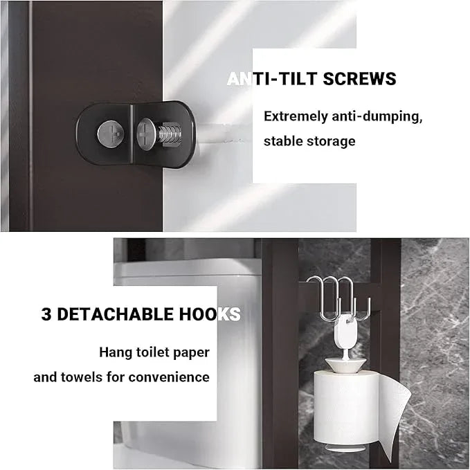 Homykic Over The Toilet Storage, Bamboo 3-Tier Over-The-Toilet Space Saver Organizer Rack, Stable Freestanding Above Toilet Stand with 3 Hooks for Bathroom, Restroom, Laundry, Espresso - ModernBath