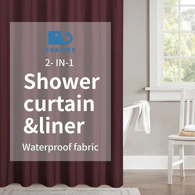 THAIGEE 2-in-1 Waterproof Fabric Shower Curtain or Liner,Linen Textured,Breathable TPU & Washable Bathroom Shower Curtain Set with 12 Plastic Hooks,Modern,72"x72" Burgundy - ModernBath