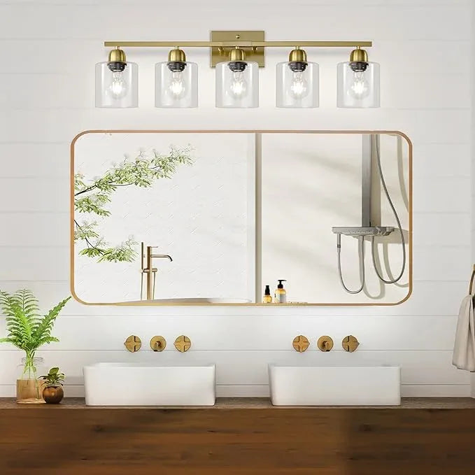 FAISHILAN Modern Brushed Gold 5 Light Bathroom Vanity Light,31 inch Vanity Lights for Bathroom with Clear Glass for Mirror Kitchen Living Room Hallway Cabinet Porch - ModernBath