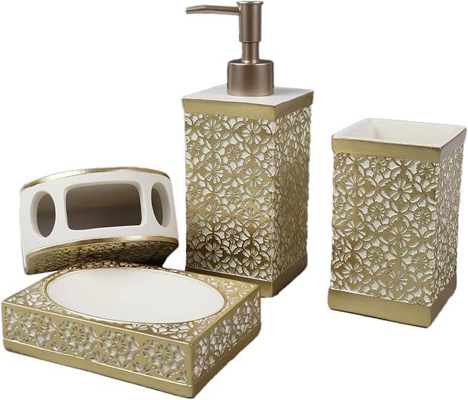 Hymmah Gold Bathroom Accessories Set,Farmhouse Bathroom Decor,4 Pcs Resin Gift Set Apartment Necessities, Contain Cotton Swab Jar,Soap Dispenser,Tumbler，Soap Dish/Tray - ModernBath