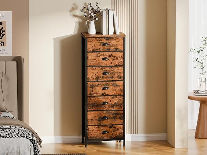 Furnulem Bedroom Dresser with 7 Drawers,Tall Industrial Fabric Chest of Drawers, Vertical Storage Tower Bedside Furniture in Living Room,Closet,Entryway-Sturdy Steel Frame(Rustic Brown) - ModernBath