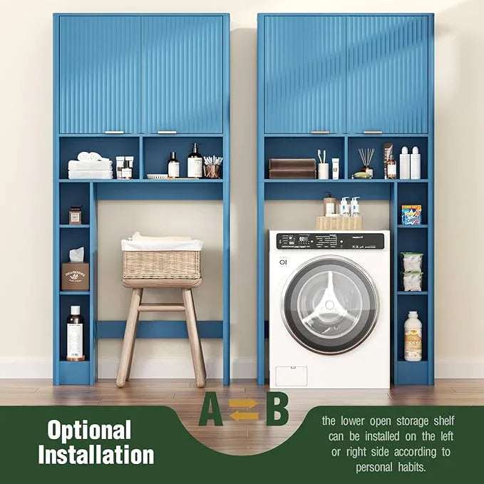31" W Over The Toilet Storage Cabinet with Fluted Door, Blue Bathroom Organizer with Adjustable Shelf, Toilet Paper Holder Stand Wave Door for Restroom, Laundry Room - ModernBath