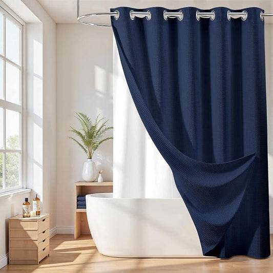 River Dream Hotel Grade No Hooks Needed Shower Curtain with Snap in Liner,Water Repellent, Machine Washable (Navy Blue, 71"x74"(W/Liner)) - ModernBath