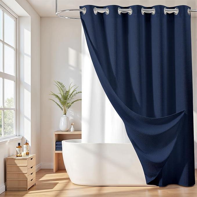 River Dream Hotel Grade No Hooks Needed Shower Curtain with Snap in Liner,Water Repellent, Machine Washable (Navy Blue, 71"x86"(W/Liner)) - ModernBath
