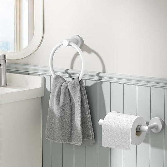 FORIOUS Toilet Paper Holder Wall Mount, SUS304 Stainless Steel Double Post Pivoting Tissue Roll Holder and Hand Towel Ring Set for Bathroom, RV, Bathroom Hardware Accessories Set, White - ModernBath