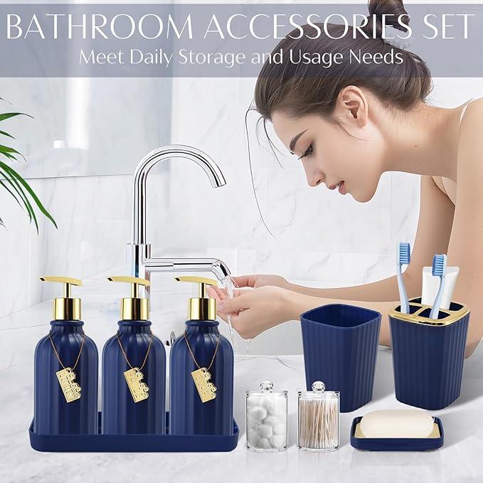 WSBArt 17PCS Bathroom Accessory Set Bathroom Set Navy Blue Bathroom Accessories,Toilet Brush, Trash Can, Qtip Holder Dispenser& 3PCS Soap Dispenser - ModernBath