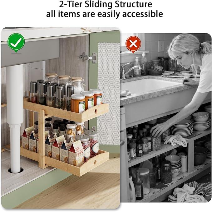 2 Pack Under Sink Organizer, Bamboo Wooden 2-Tier Pull-Out Storage with Sliding Drawers for Kitchen and Bathroom Cabinets, Easy Installation (Natural) - ModernBath