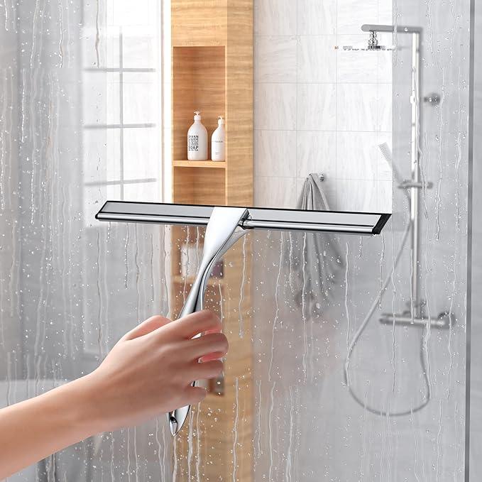 Shower Squeegee for Glass Door 12-Inch Stainless Steel Bathroom Squeegee Window Wiper, Includes Shower Door Hook, Adhesive Hook, and Spare Silicone Blade for Window Mirror Car All-Purpose Squeegee - ModernBath