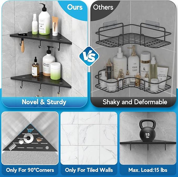 Corner Shower Shelves, 10" Matte Black 304 Stainless Steel Recessed Shelf for Bathroom，Grout in Shelf with Hooks for Tiled Wall 2 Pack (Black) - ModernBath